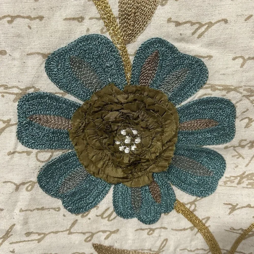 Pier 1 One Floral Embroidered Blue Green Tan Table Runner 13”x71” Cottagecore